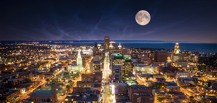 Full moon Buffalo NY cityscape 