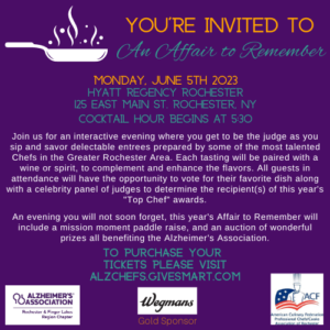 Invitation to Alzheimer's Association's "An Affair to Remember" benefit gala in Rochester NY on June 5. 2023