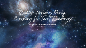 Celestial background for booking page. Page states, "Rooftop Holiday Party Booking for Tarot Reading" and instructs users to complete the form located on the page for their tarot reading booking.