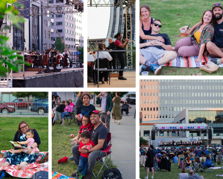 Collage of pictures highlighting previous RPO Under the Stars events, showing families and patrons enjoying the orchestra performing.