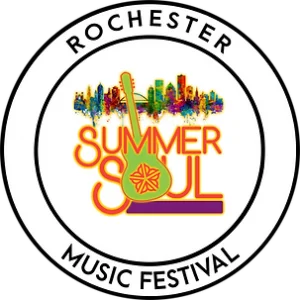 Logo for Rochester Summer Soul Music Festival, with image of guitar, Rochester city logo and skyline in background.