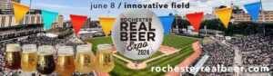 Banner for 2024 Rochester Real Beer Expo, on June 8, at Innovative Field. Baseball field shown in background, as well as several glasses of beer.