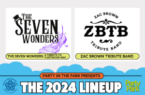 Rochester's 2024 Party in the Park concert series lineup graphic for week 2 of concerts, featuring Seven Wonders (Fleetwood Mac tribute band) and ZBTB (Zac Brown Tribute Band).